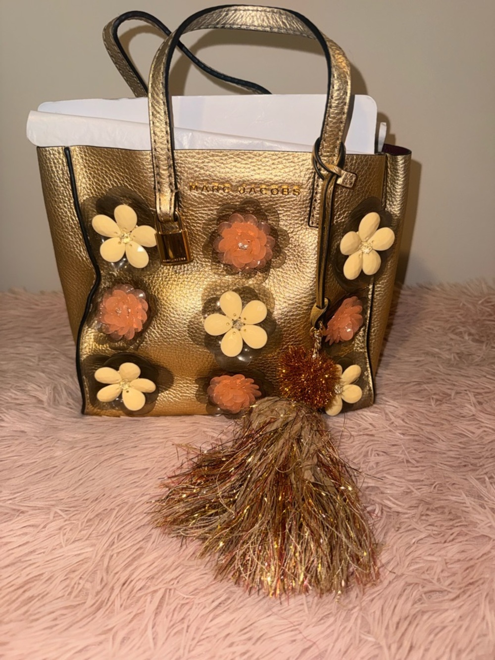 Marc Jacobs Gold Metallic Floral Appliqué Tote with Tassel Charm